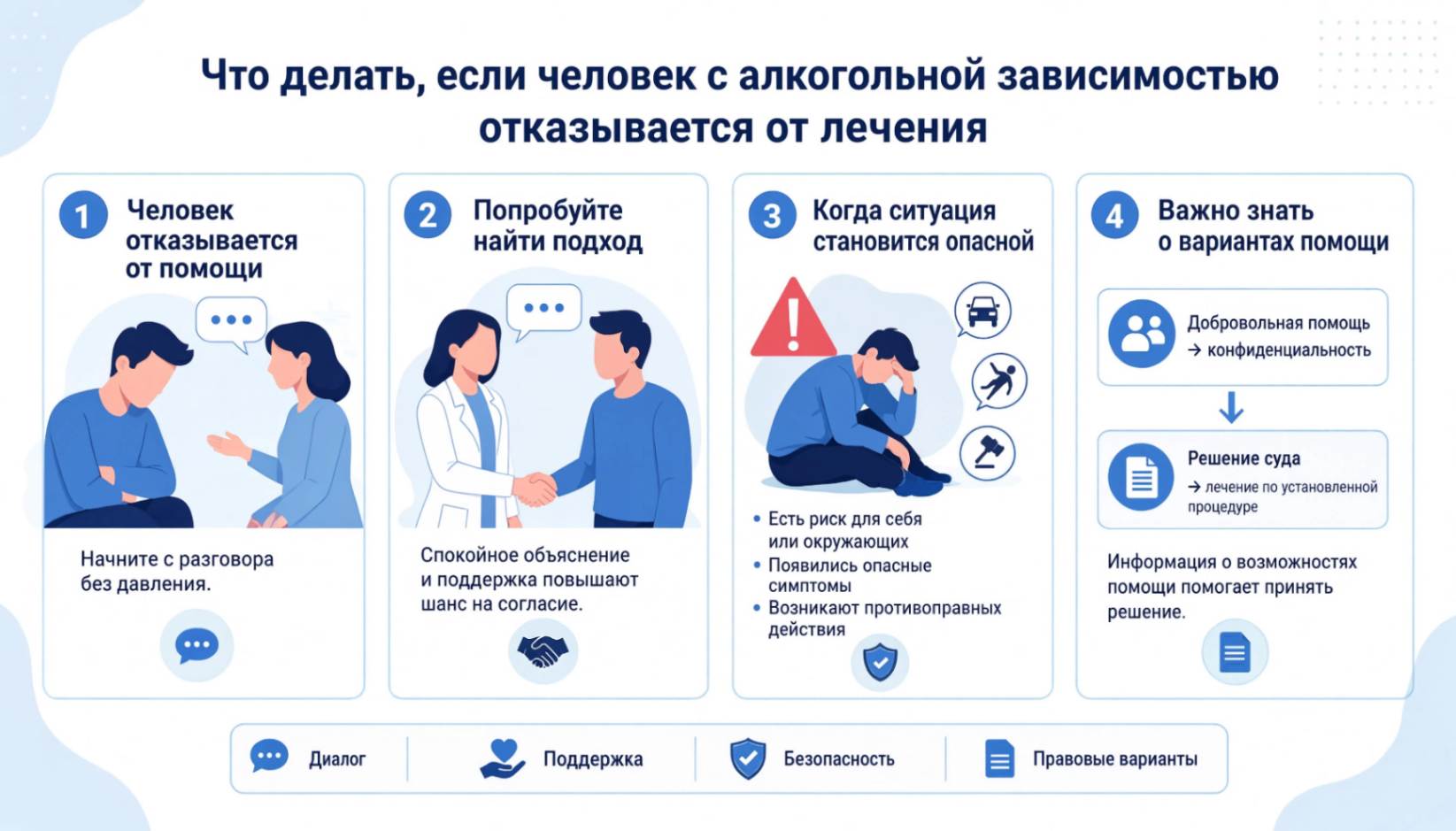 Инфографика: Принудительный вывод из запоя, человек с алкогольной зависимостью отказывается от лечения